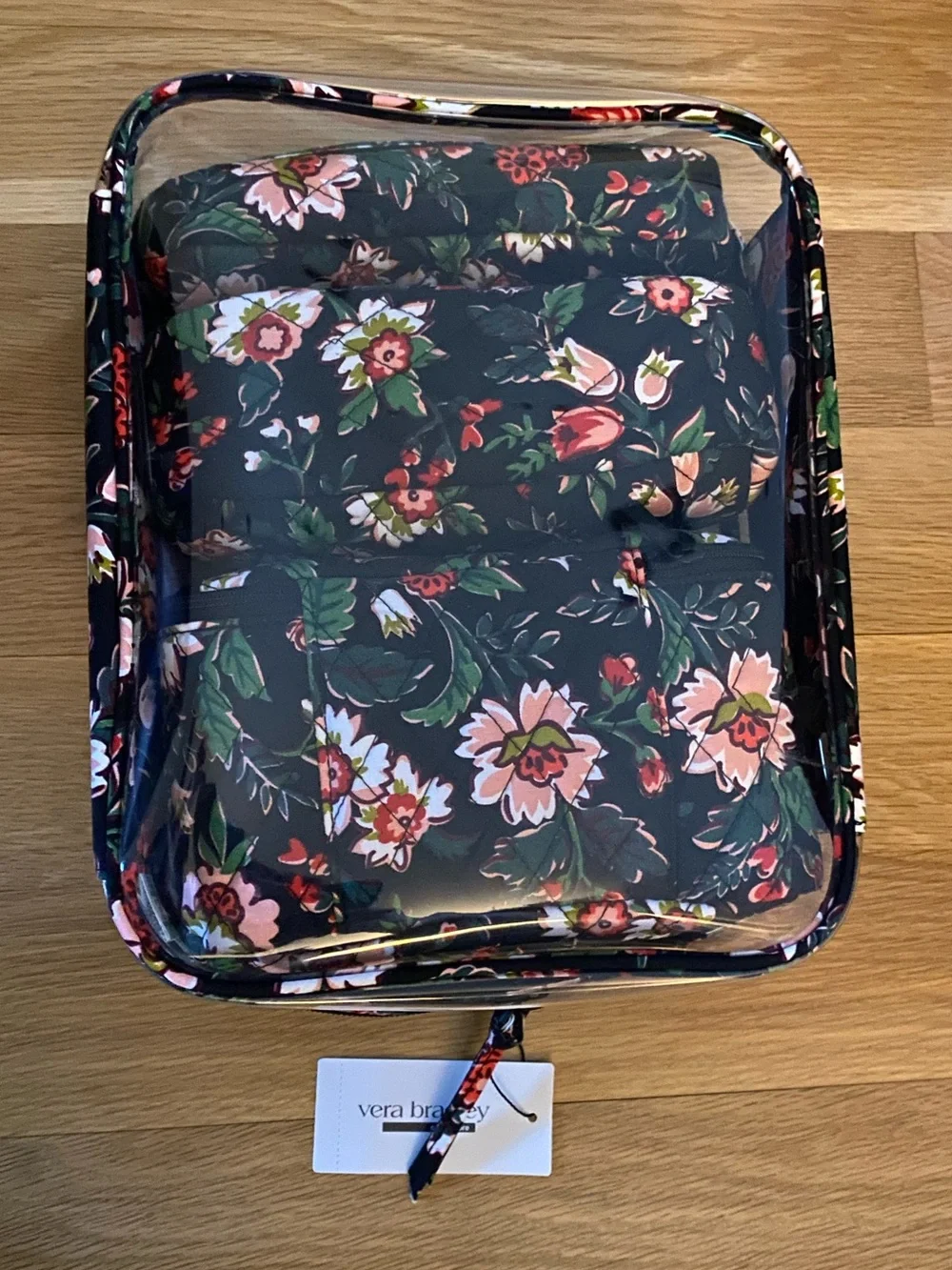 Vera Bradley 4 piece Makeup Cosmetic Pouch Travel Hidden Hearts Black Red Floral